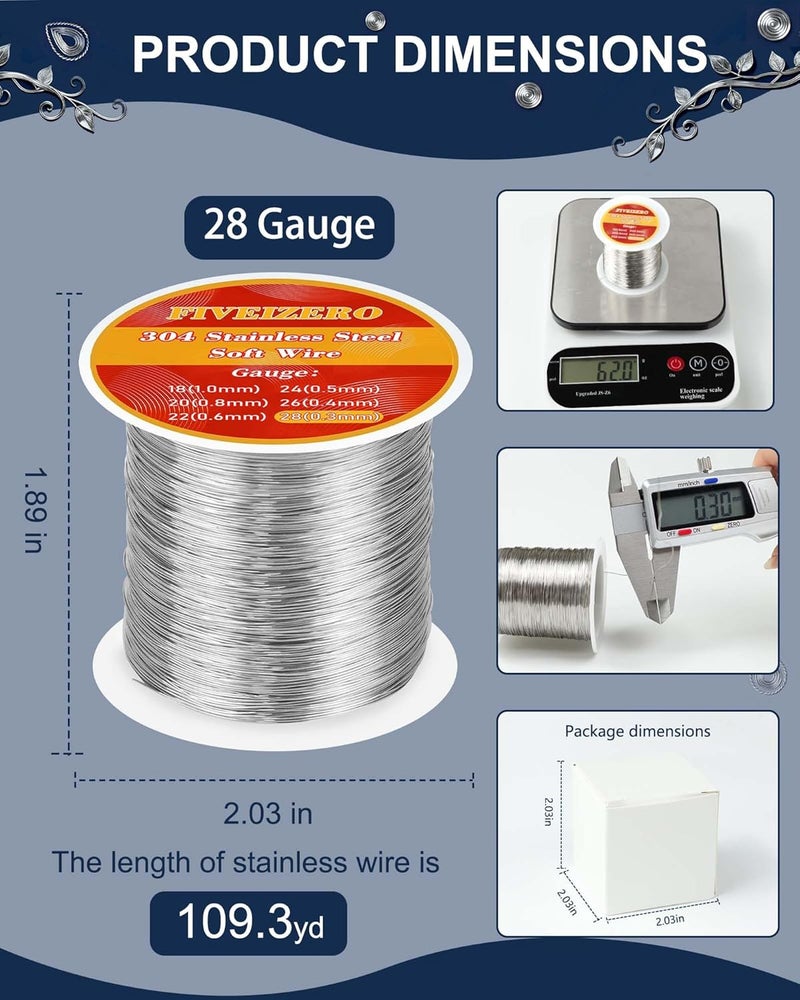 FIVEIZERO 28 Gauge 304 Stainless Steel Wire for Jewelry Making,109yd Stainless Steel Jewelry Wires Thin Metal Craft Wire for Necklace,Bracelet,Earring,Bead Stringing,DIY,Floral and Home Crafts - Image 2